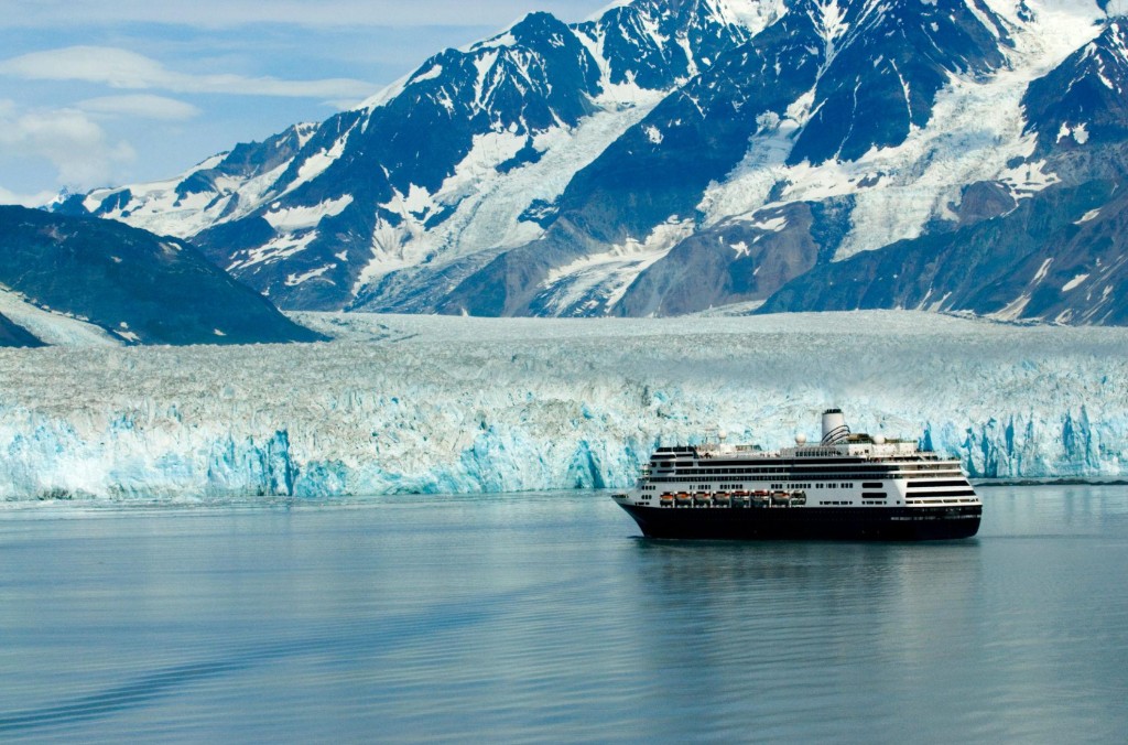 Humpback whale and glacier mountains near Juneau Alaska